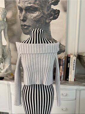 Princess Polly Light Gray Off-Shoulder Ribbed Crop Sweater